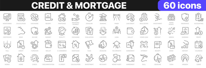 Credit and mortgage line icons collection. Loan, banking, money, calculation icons. UI icon set. Thin outline icons pack. Vector illustration EPS10
