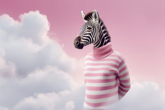 Psychedelic template collage generated by ai of fashionable person with zebra face stand in pink heaven advertise boutique sales