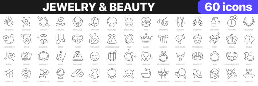 Jewelry and beauty line icons collection. Diamond, necklace, clothes, crown, fashion icons. UI icon set. Thin outline icons pack. Vector illustration EPS10