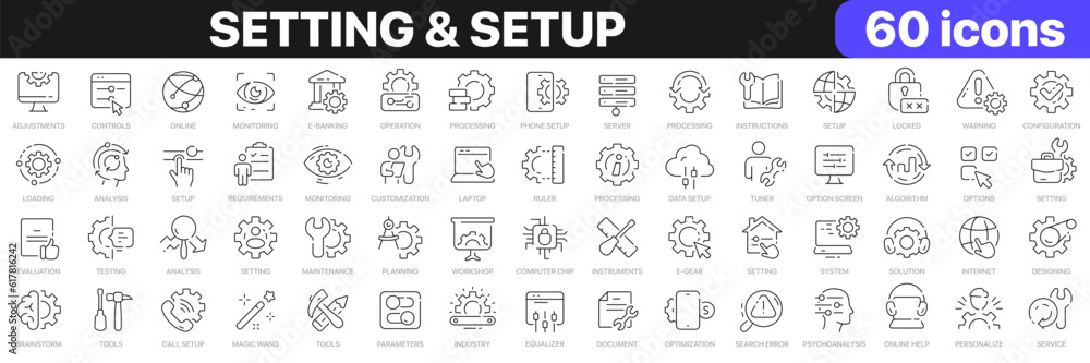 Poster Setting and setup line icons collection. Operation, gear, processing, tools icons. UI icon set. Thin outline icons pack. Vector illustration EPS10
