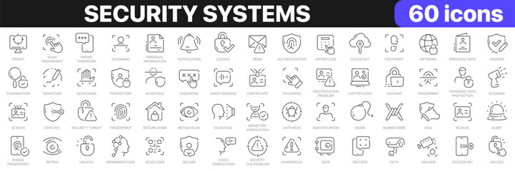 Security systems line icons collection. Authentication, network, scan, identification icons. UI icon set. Thin outline icons pack. Vector illustration EPS10