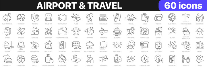 Airport and travel line icons collection. Flight, vacation, ticket icons. UI icon set. Thin outline icons pack. Vector illustration EPS10 - obrazy, fototapety, plakaty