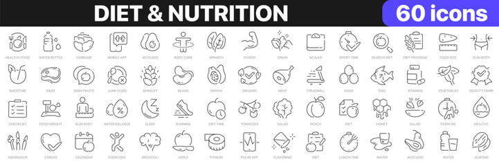 Diet and nutrition line icons collection. Sport, food, fitness, fruits, vegetables icons. UI icon set. Thin outline icons pack. Vector illustration EPS10