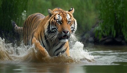 Fototapeta premium Amur tiger playing in the water Siberia. Dangerous ani.Generative AI