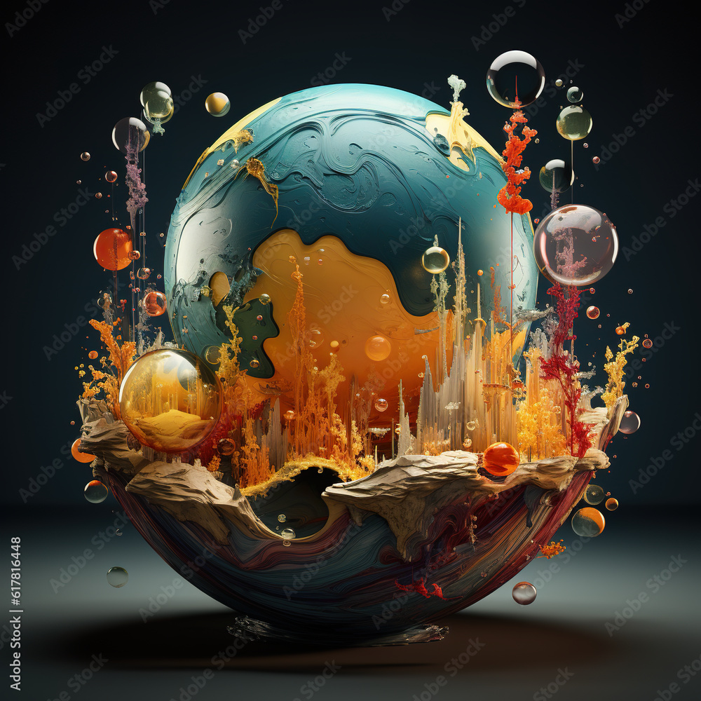 Poster a picture of a globe with a lot of different things around it. generative ai.