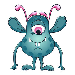 Cheerful isolated blue monster with pink eyes and eyebrows. A cartoon made-up character. The funny alien. Funny gremlin. 