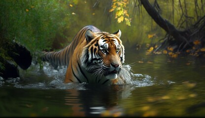Fototapeta na wymiar Amur tiger playing in the water Siberia. Dangerous ani.Generative AI