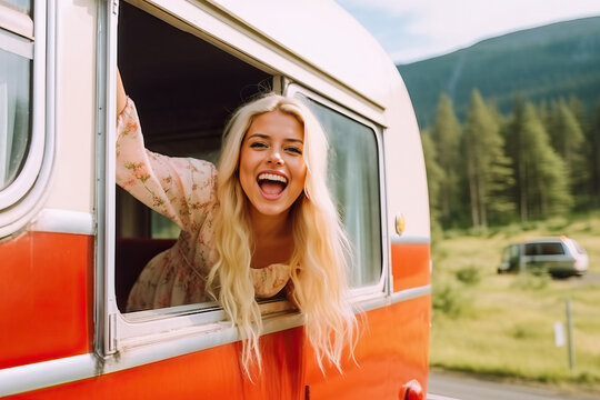 Generative AI illustration of carefree blond haired woman leaning out of window and screaming happily during summer trip with caravan