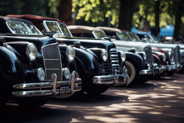 Generative AI illustration of side view of row of vintage cars parked on the street near trees during day against blurred background
