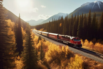 Generative AI illustration of modern train driving on railroad tracks between coniferous trees and mountains under sky during summer day