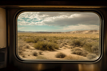 Generative AI illustration of picturesque scenery with green plants in countryside under cloudy sky through window of train