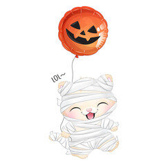 Cute mummy cat with pumpkin balloon Halloween watercolor illustration