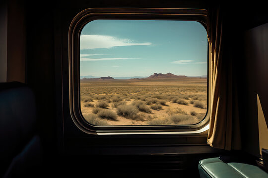 Generative AI illustration of picturesque scenery with green plants in countryside under cloudy sky through window of train