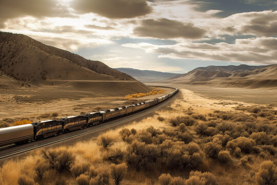 Generative AI illustration of long train moving on railroad tracks near picturesque mountains landscape against cloudy sky