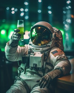 Generative AI image of unrecognizable astronaut in protective helmet and spacesuit sitting at table with glass of cold beer against blurred background