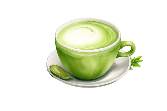 Watercolor Matcha Green tea elements menu objects isolated on clear png background, various Japan matcha cups in cafe shop, morning drinks, delicious beverages clipart set, with Generative Ai.