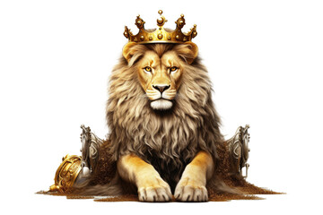 Fototapeta na wymiar The Royal King graceful lion with luxury dress costume. Close up Portrait King lion with throne and crown isolated on white background. Generative AI.