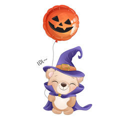 Cute witch bear with pumpkin balloon Halloween watercolor illustration