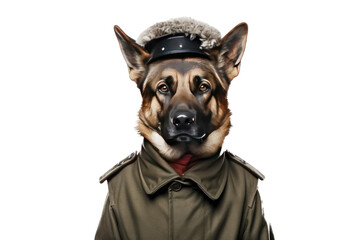 Cute dog German shepherd with soldier costume for military army isolated on clear png background, funny moment, pet concept, with Generative Ai.
