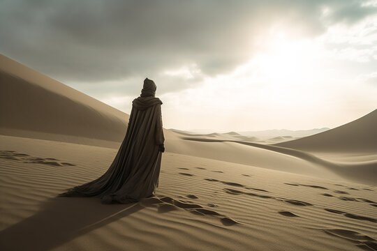 Generative AI illustration of ranger in long cloak standing in sandy dunes of desert