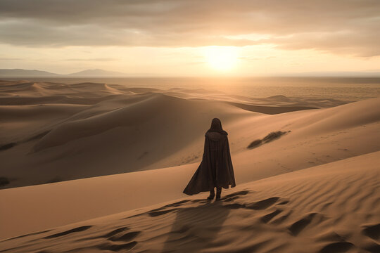 Generative AI illustration of ranger in long cloak standing in sandy dunes of desert