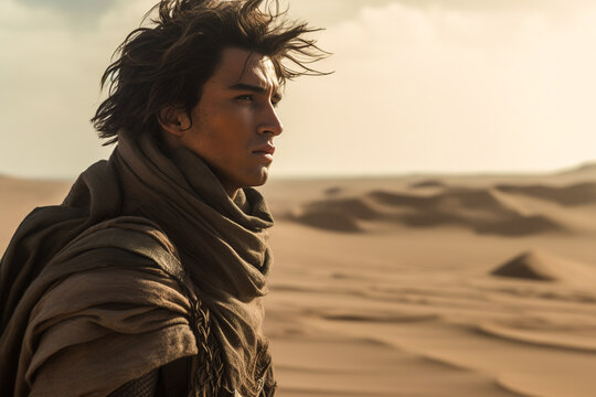 Generative AI illustration side view of male in cloak wandering in desert land and looking away