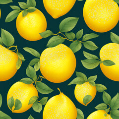 Repeated Seamless Pattern Design with Fresh Lemon Citrus Fruit and Green Leaf on Dark Background. Decorative Wallpaper llustration for Print, Textile, Banner, Poster or Greeting Card. AI Generated..