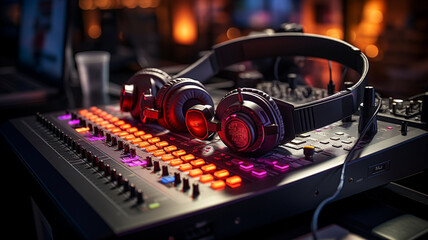 Fototapeta premium Dj mixer in nightclub, close-up, shallow depth of field.generative ai