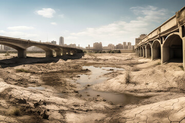 Generative AI illustration of dried river with puddles of water bottom in post apocalyptic city with damaged buildings