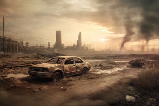 Generative AI illustration of post apocalyptic scenery with damaged car and smoking city in clouds