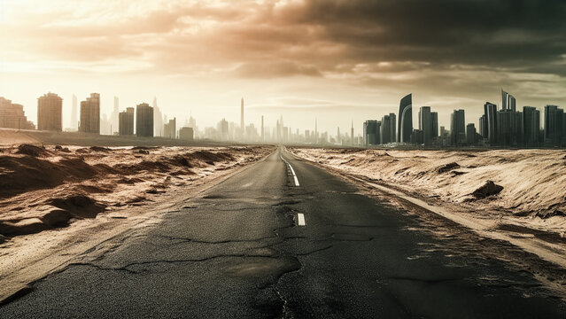 Generative AI illustration of post apocalyptic scenery with damaged and smoking city in clouds