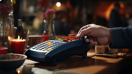 Fototapeta premium Man using POS terminal in bar, closeup. Electronic payment concept.generative ai