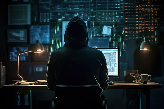 Hacker devant son &eacute;cran, piratage de syst&egrave;me informatique, ran&ccedil;ongiciel
