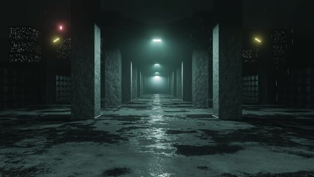 Long Old Tunnel In The Rain Leading To The City. Mysterious Horror Atmosphere Without People. Industrial Style. Fashion Render Design Banners. 4K Loop. Concept Stock Video. Seamless 3D Animation