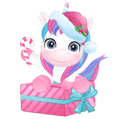 Cute unicorn with Christmas gift box Christmas winter watercolor illustration