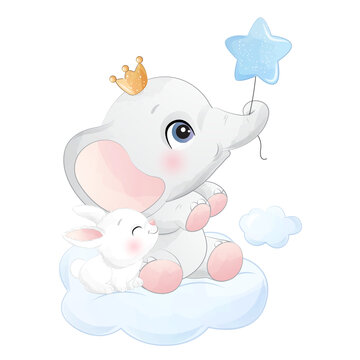 Cute elephant and rabbit sitting on cloud with star balloon watercolor illustration