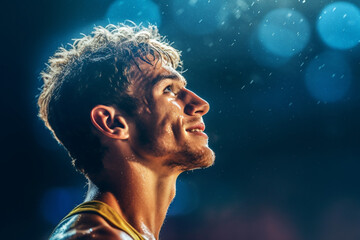 Portrait of champion athlete on stadium , emotions of a winner, joy, delight, emotional, rain, splash drops	

