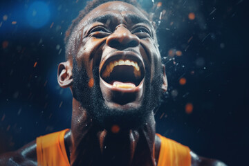 Portrait of champion athlete on stadium , emotions of a winner, joy, delight, emotional, rain, splash drops	
