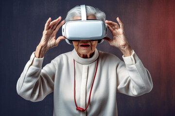 Generative AI illustration of serious senior lady with gray hair while exploring virtual reality in VR goggles goggles