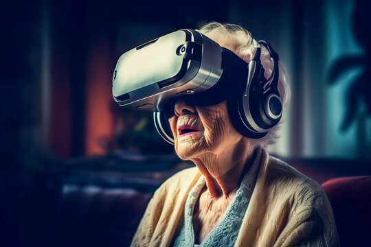 Generative AI illustration of attentive elderly female with gray hair watching video in modern VR goggles