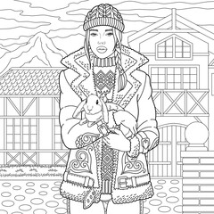 Beautiful young woman with cute bunny. Adult coloring book page with intricate ornament.