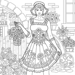 Beautiful young woman with floral basket. Adult coloring book page with intricate ornament.