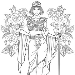 Beautiful ancient woman with rose flowers. Adult coloring book page with intricate ornament.