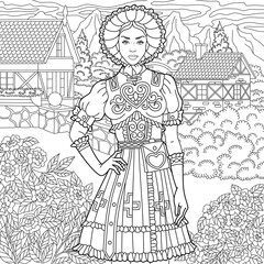 Beautiful young woman in the floral village. Adult coloring book page with intricate ornament.