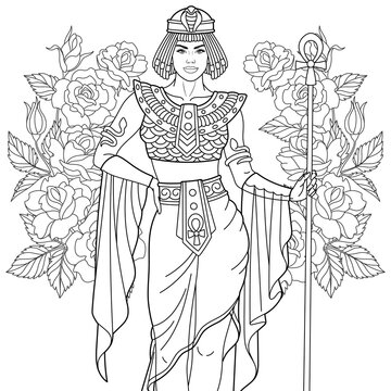 Beautiful ancient woman with rose flowers. Adult coloring book page with intricate ornament.