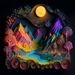 paper quilling of a fantasy landscape 8k 3d max extremely detailed neon colors dark colors 