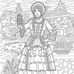 Beautiful vintage woman near the country house. Adult coloring book page with intricate ornament.