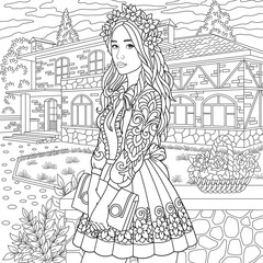 Beautiful young woman in the floral garden. Adult coloring book page with intricate ornament.