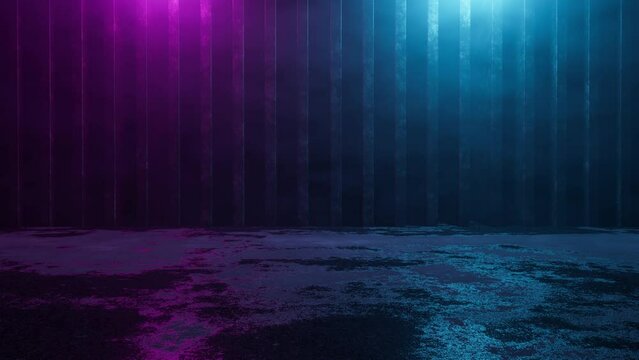 An Old Wall In Smoke Illuminated By Blue And Purple Neon Lights. Scene Without People. 1980s Retro Industrial Style. Fashion Render Design Banners. 4K Loop. Concept Stock Video. Seamless 3D Animation