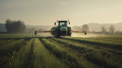 Fototapeta premium Tractor spraying pesticides fertilizer on soybean crops farm field in spring evening. Smart Farming Technology and Sustainable Advanced Agriculture Practices. generative ai